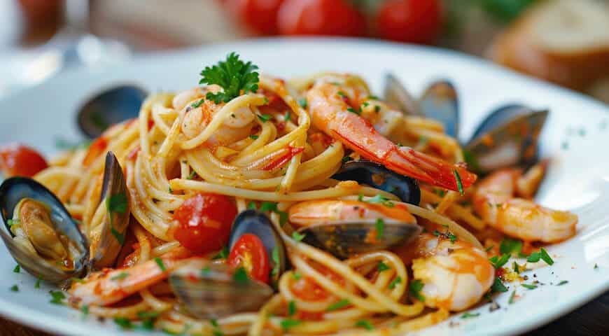 Makaron spaghetti z owocami morza