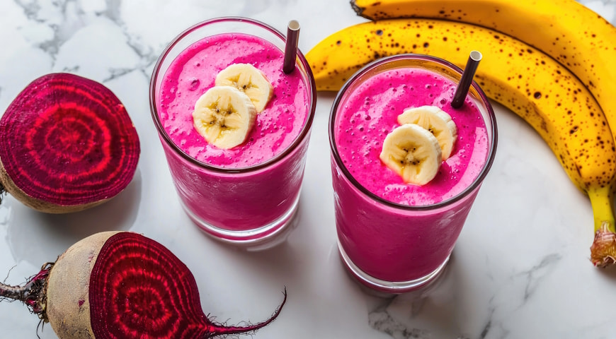 Koktajl potreningowy z bananem, amarantusem i burakiem