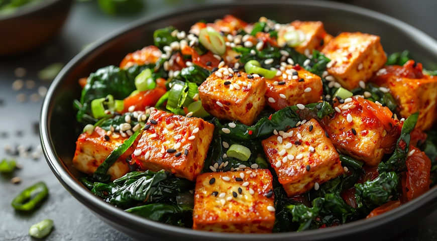 Tofu stir-fry z boczniakami, jarmużem i glonami nori